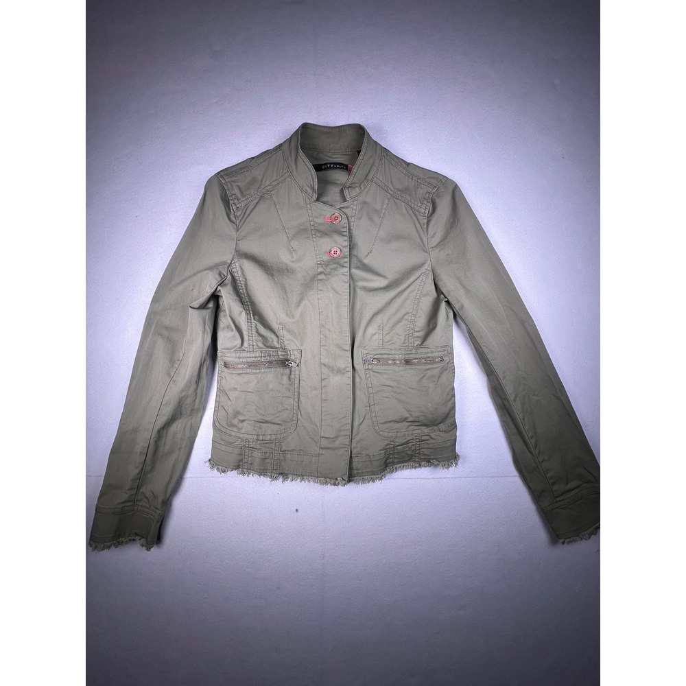 City Unltd Womens Olive Green Utility Jacket Frayed Hem Size 4 Military Style